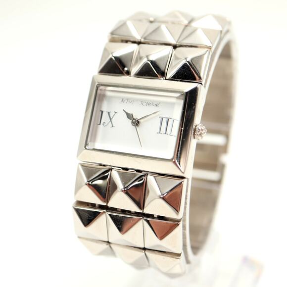 Betsey Johnson Silver Tone Stud Cuff Bracelet Watch 28mm Rectangle w New Battery - Picture 1 of 14